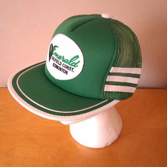 Vintage 1980s Emerald Oilfield Construction Edmonton Green 3 Stripe Trucker Hat - Picture 2 of 13